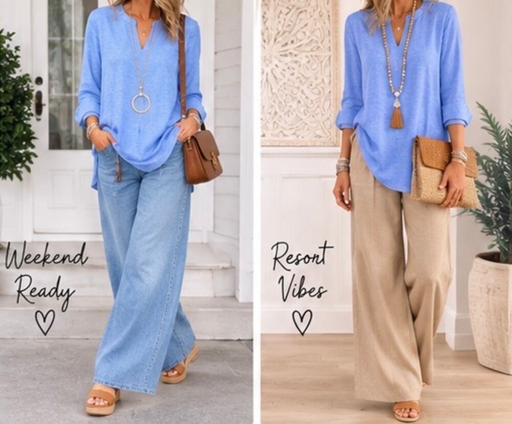 Lands’ End Women’s Blue Tunic 3/4 Sleeve Pockets Relaxed Casual Coastal L
